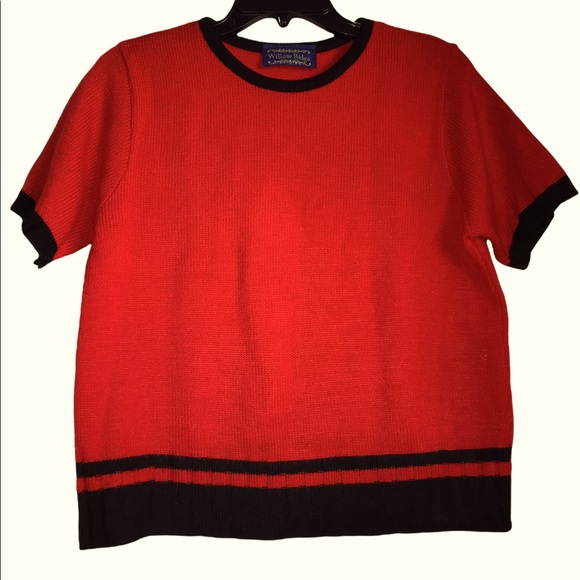 Willow Ridge Red Black Trim Knit Short Sleeve Sweater Top Size M Classic - Picture 4 of 10